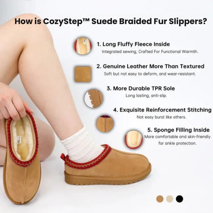 CozyStep™ | Suede Braided Fur Slippers – Warm, Chic & Durable