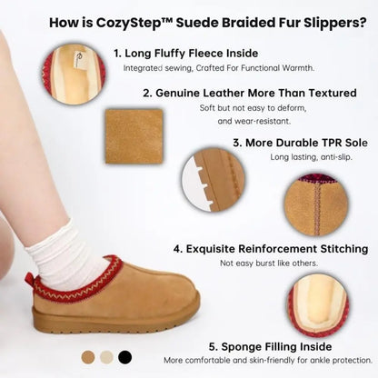 CozyStep™ | Suede Braided Fur Slippers – Warm, Chic & Durable