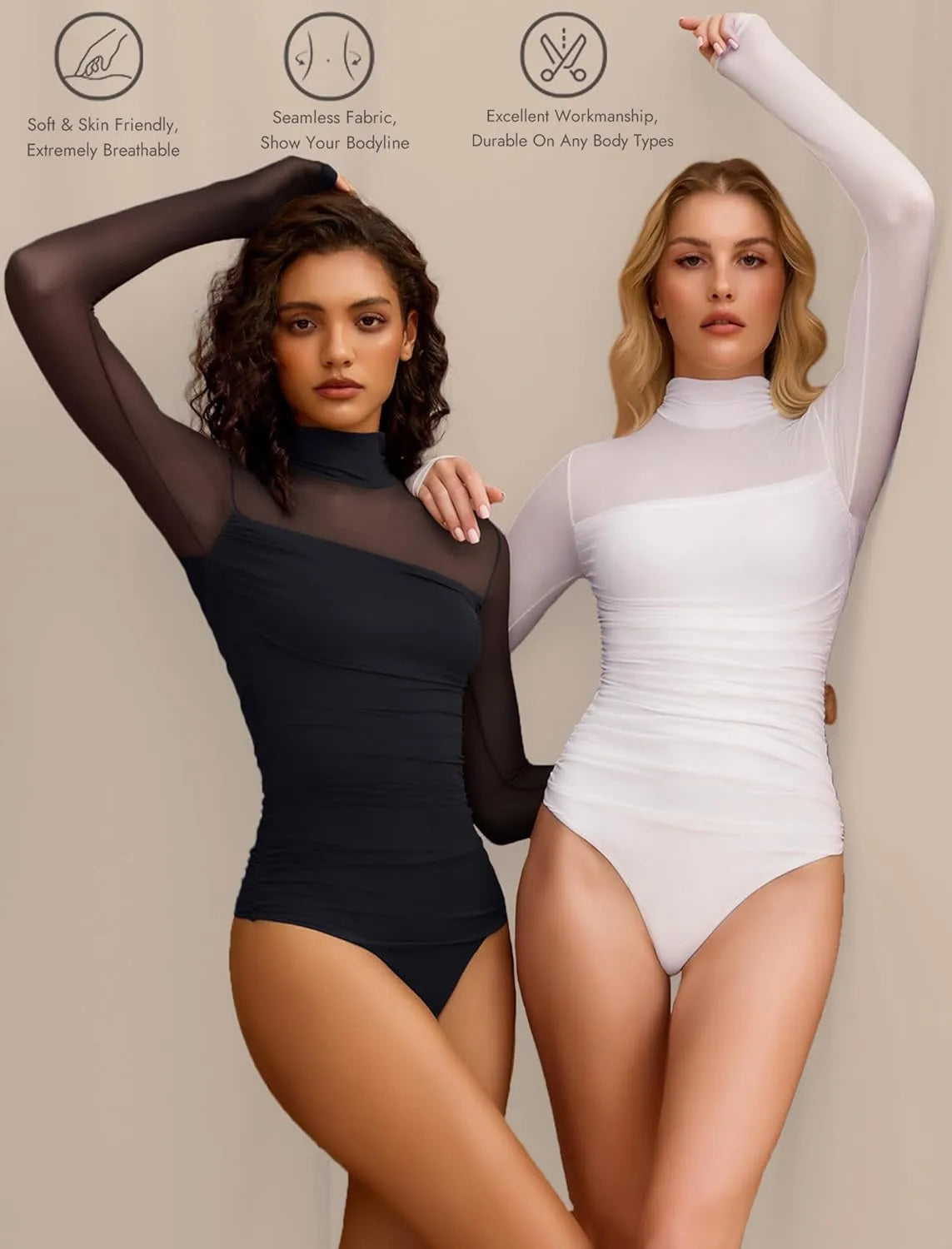 GlamForm™ | Long Sleeve Shaping Bodysuit – Mesh, Slimming & Stylish