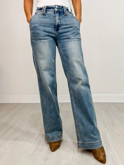 DenimElegance™ | High-Rise Double Button Wide Leg Jeans