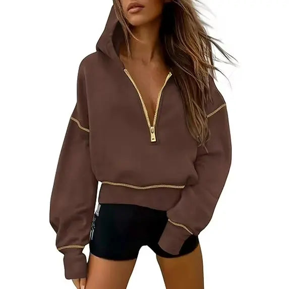 CozyChic™ | Women’s Cropped Half-Zip Hoodie with Gold Zipper